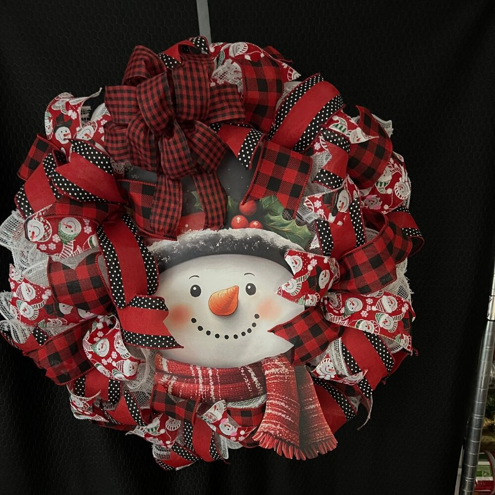 Christmas Snowman Wreath with Plaid Ribbons Made of Deco Mesh
